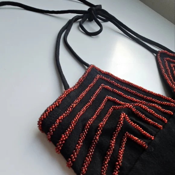 Hunza G Vintage Black With Crimson Beading Double Halter Strap Mini Dress - Picture 12 of 15